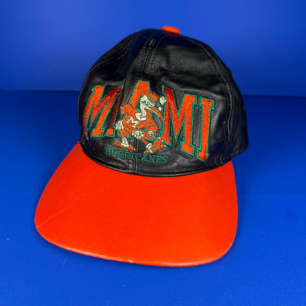 Vintage Miami Hurricanes Leather‎ Strapback Hat Black Orange NCAA